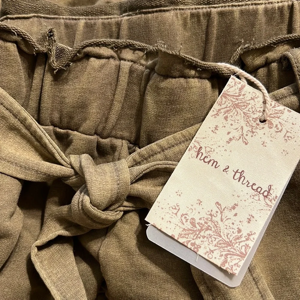 🆕Olive Green French Terry Paperbag Waist Tie High Waist Wide Leg Pants S,M & L - Picture 10 of 16